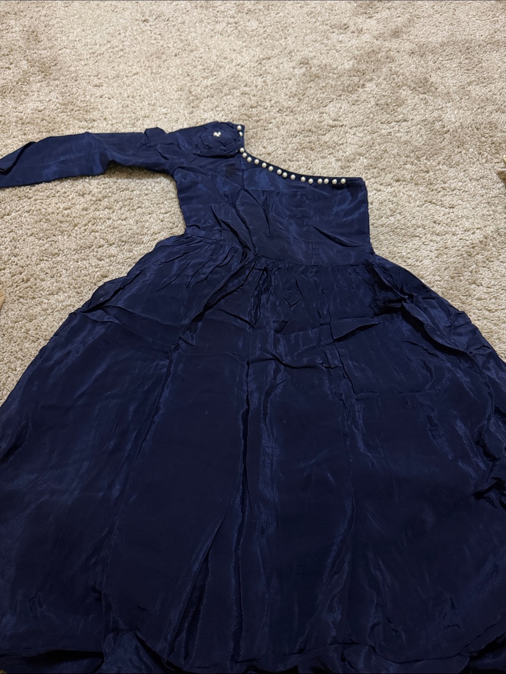 Pearl-Trim One-Shoulder Navy customized indian long Dress